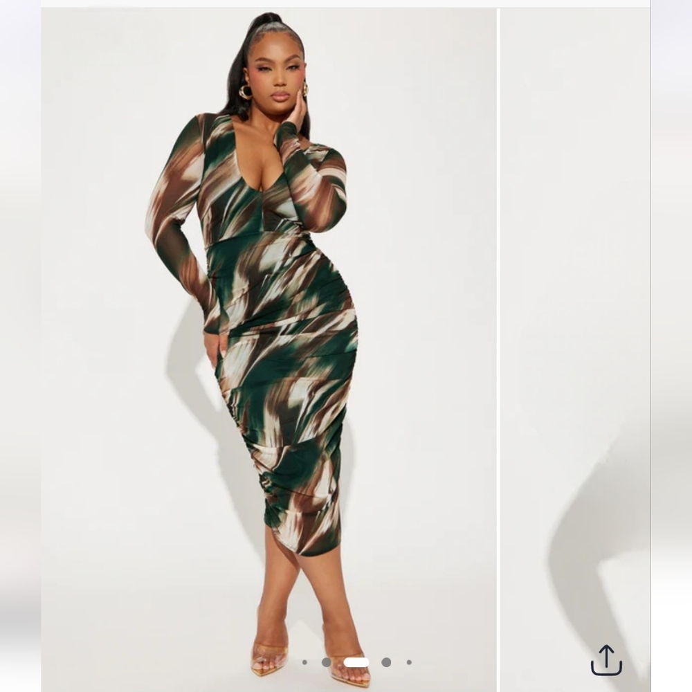Fashion Nova Green and Brown Long Sleeve Dress